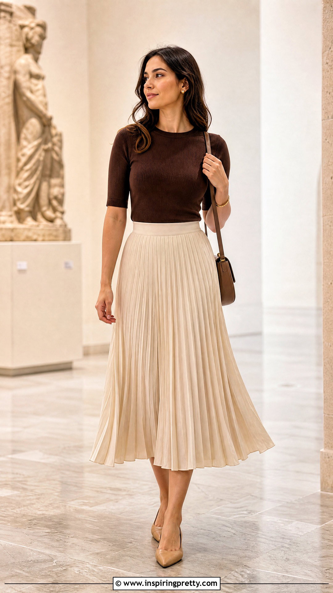 Brown Minimalist Top With Pleated Midi Skirt - 20 Brown Minimalist Top outfit ideas
