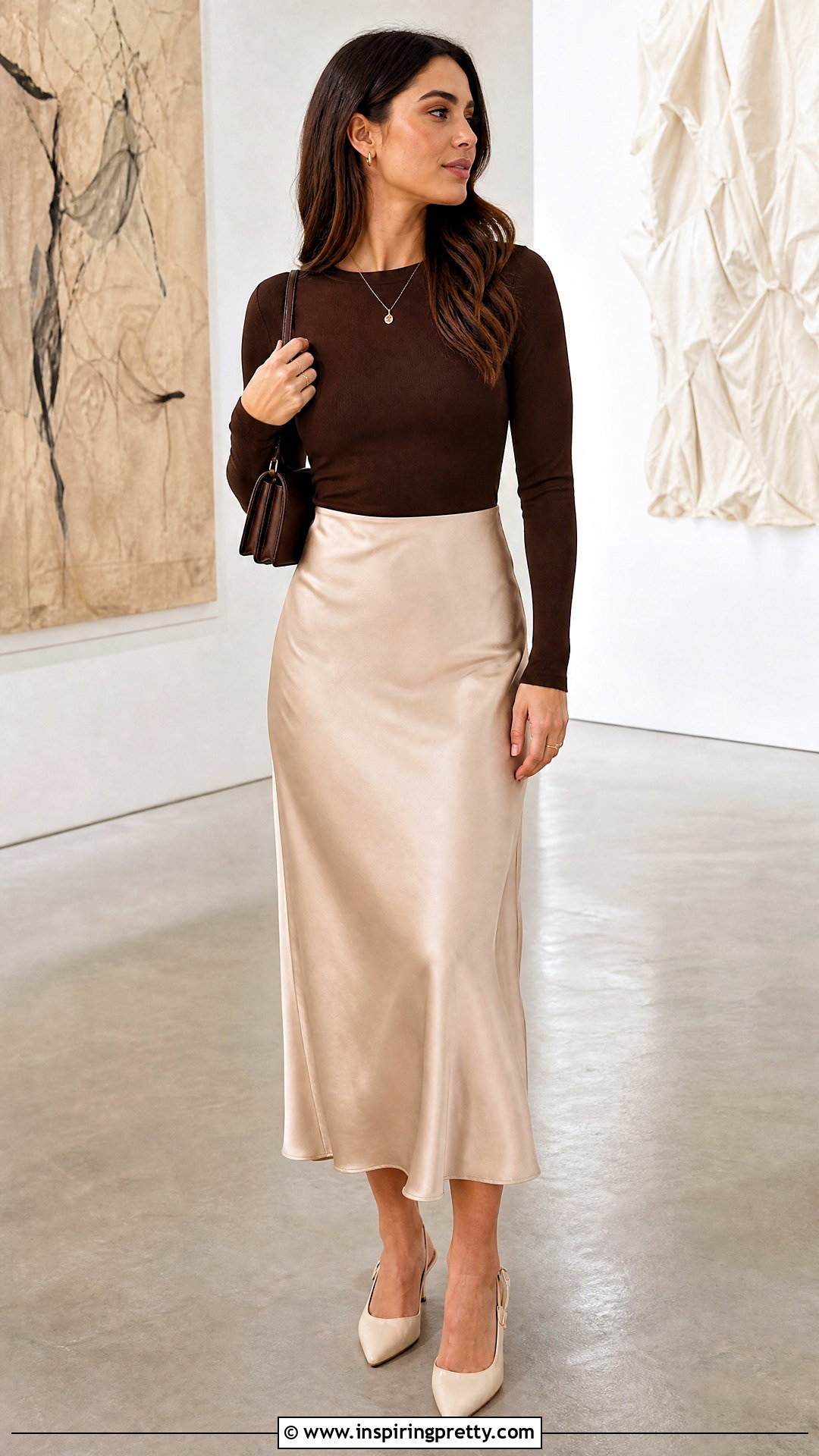 Brown Minimalist Top With Satin Midi Skirt - 20 Brown Minimalist Top outfit ideas