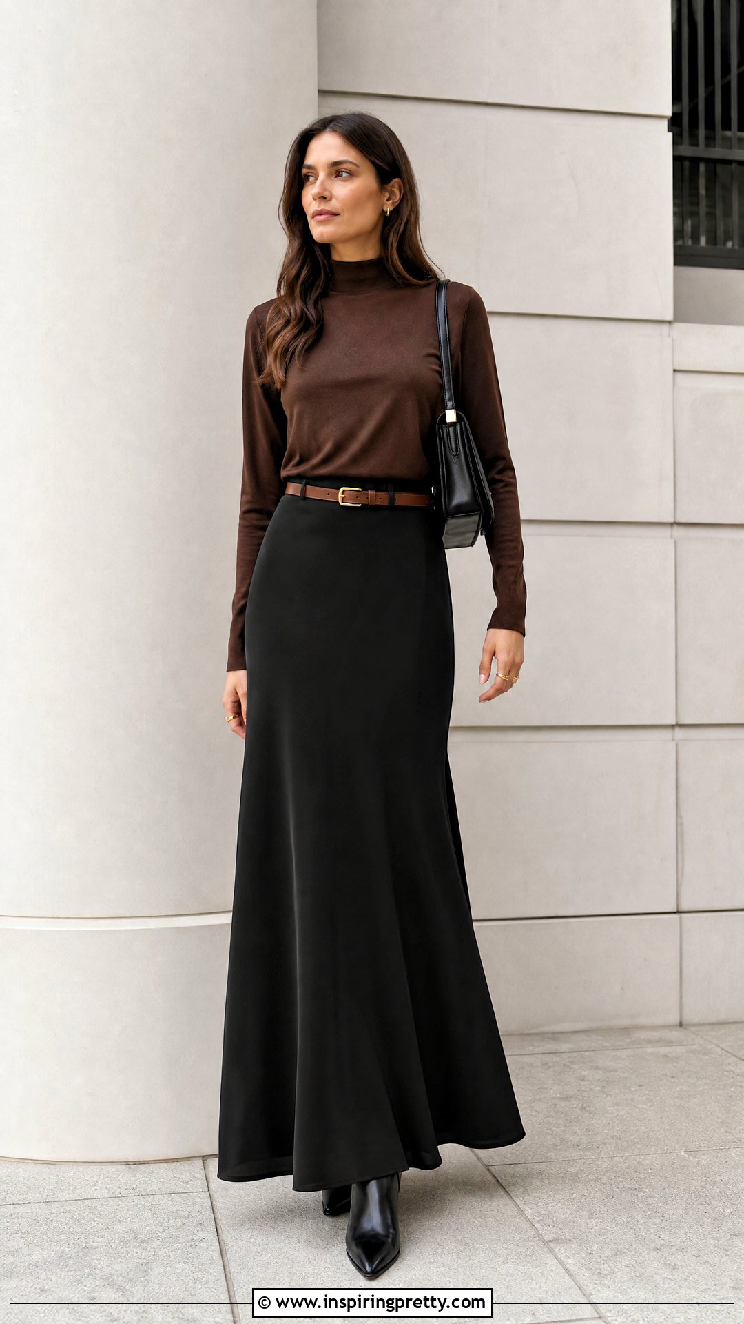 Brown Mock Neck Top With Black Maxi Skirt - 25 Brown Mock Neck Top outfit ideas