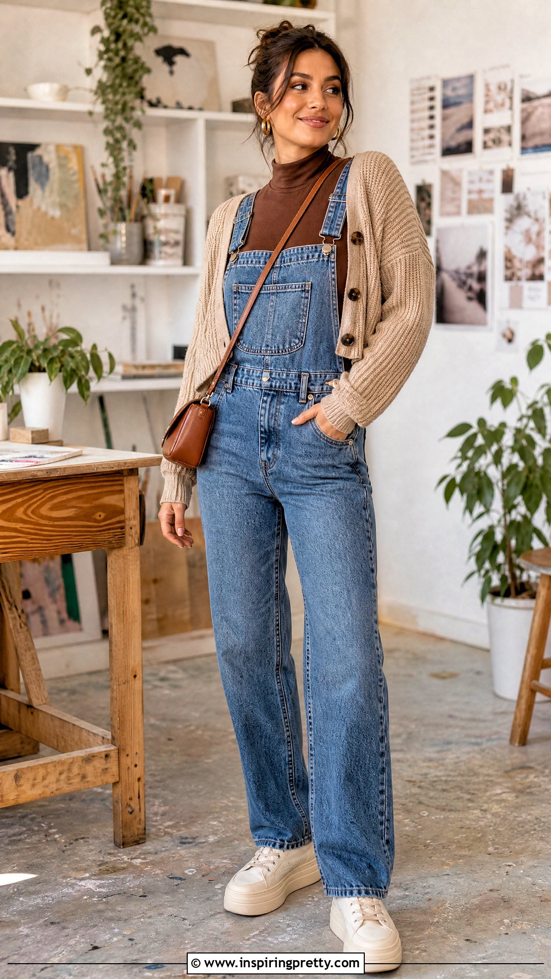 Brown Mock Neck Top With Denim Overalls - 25 Brown Mock Neck Top outfit ideas