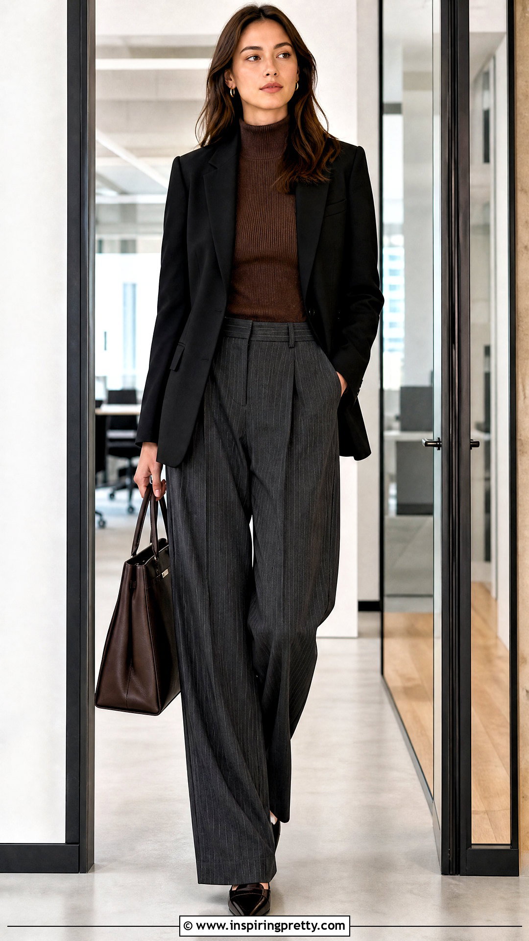 Brown Mock Neck Top With Pinstripe Trousers - 25 Brown Mock Neck Top outfit ideas
