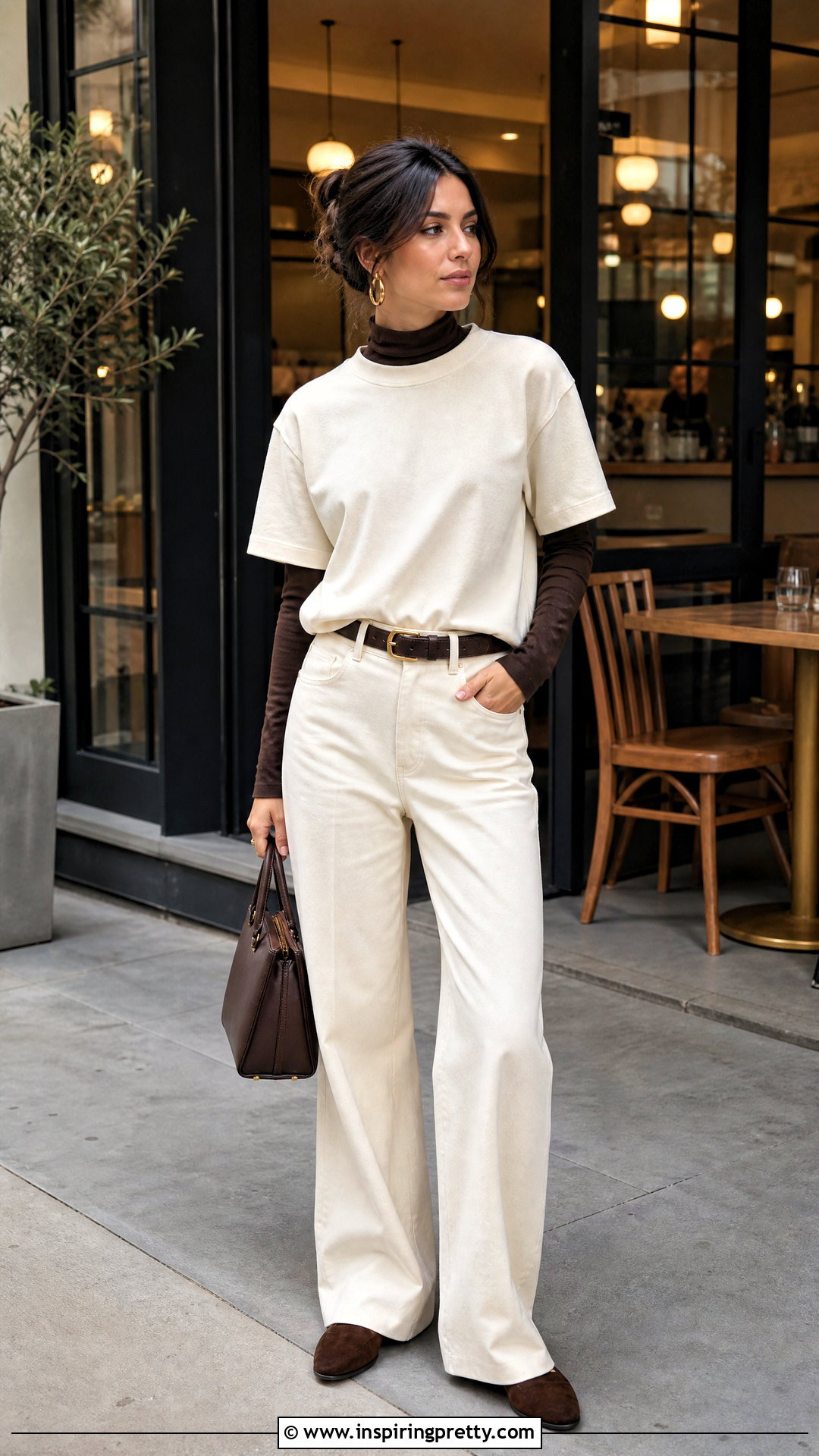 Brown Mock Neck Under Cream T Shirt Outfit - 20 mock neck top outfit layered t shirts