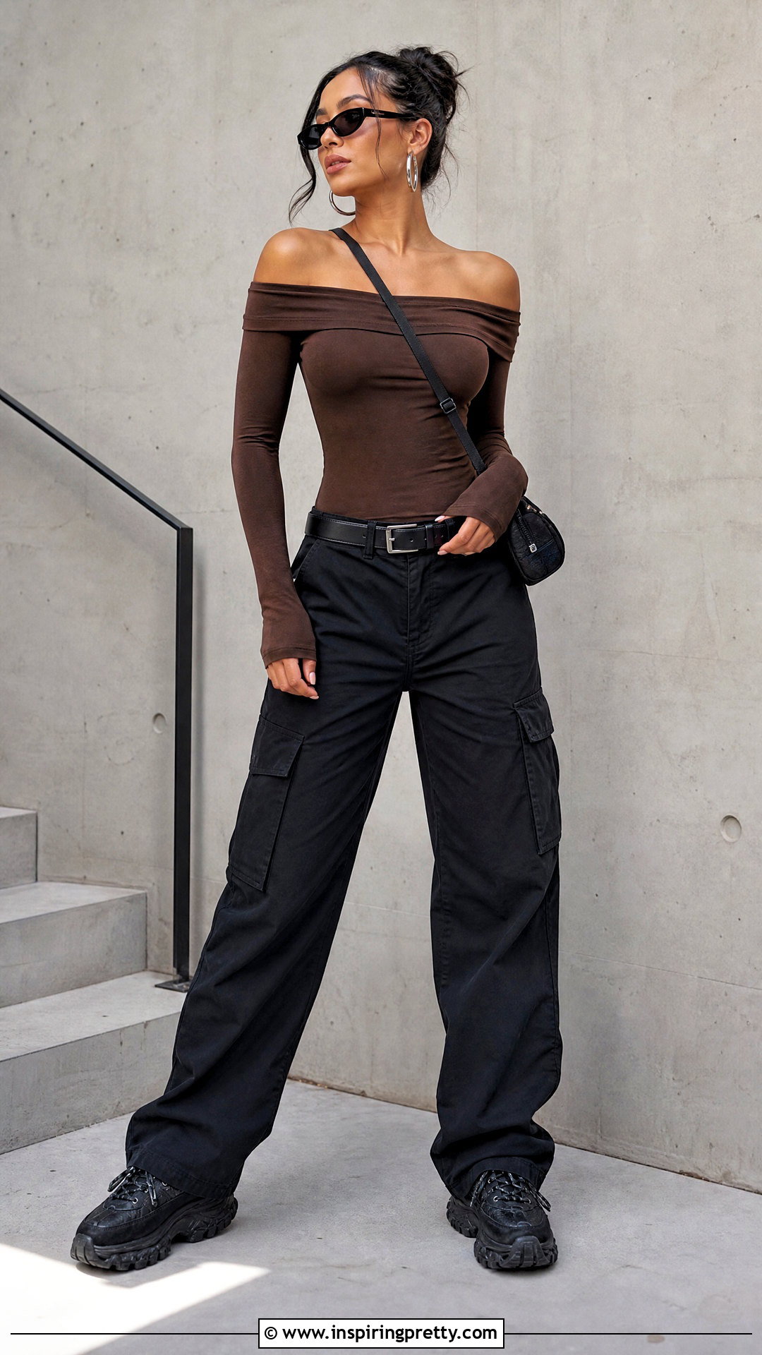 Brown Off Shoulder Top With Black Cargo Pants - 50 brown off shoulder top outfit ideas