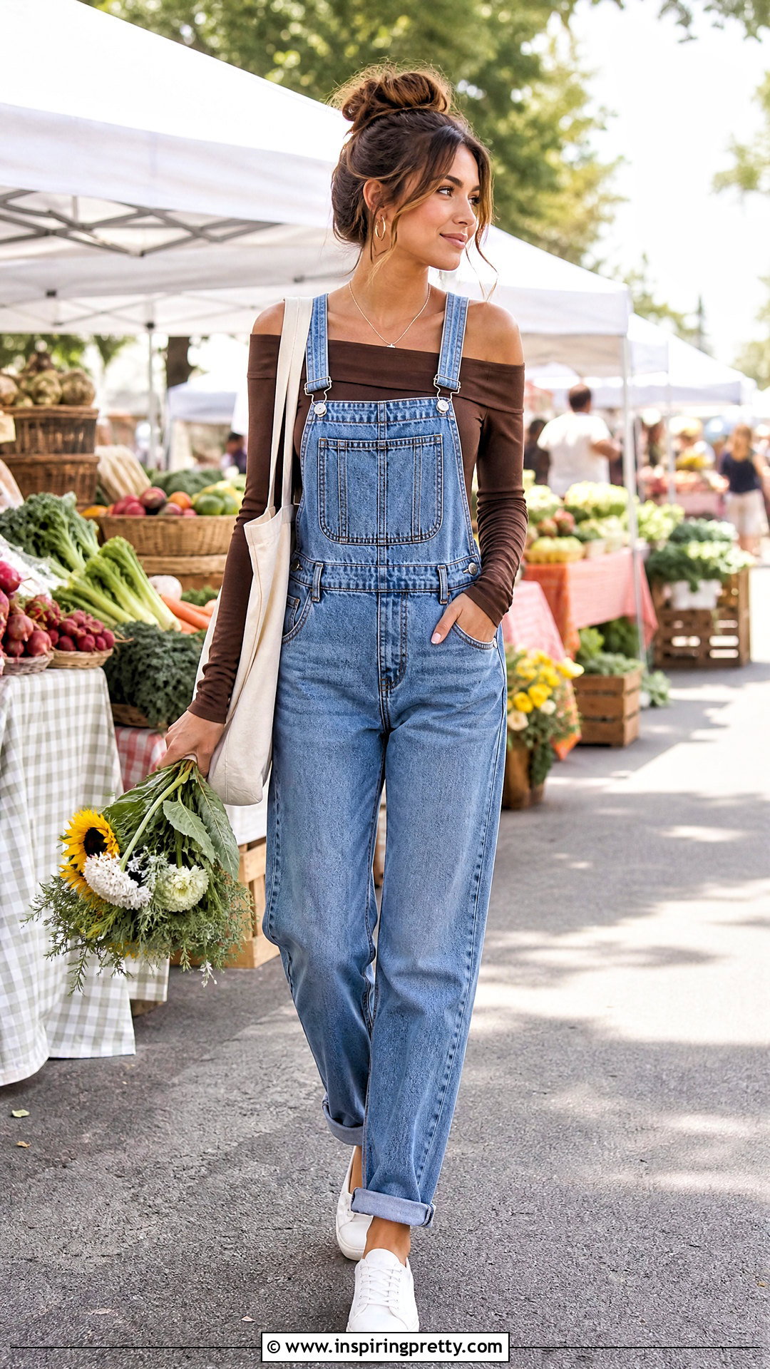 Brown Off Shoulder Top With Denim Overalls - 50 brown off shoulder top outfit ideas