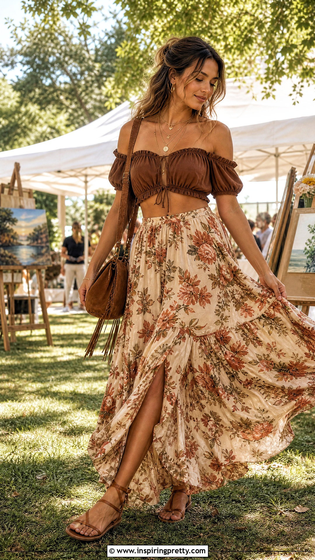 Brown Off Shoulder Top With Floral Maxi Skirt - 50 brown off shoulder top outfit ideas