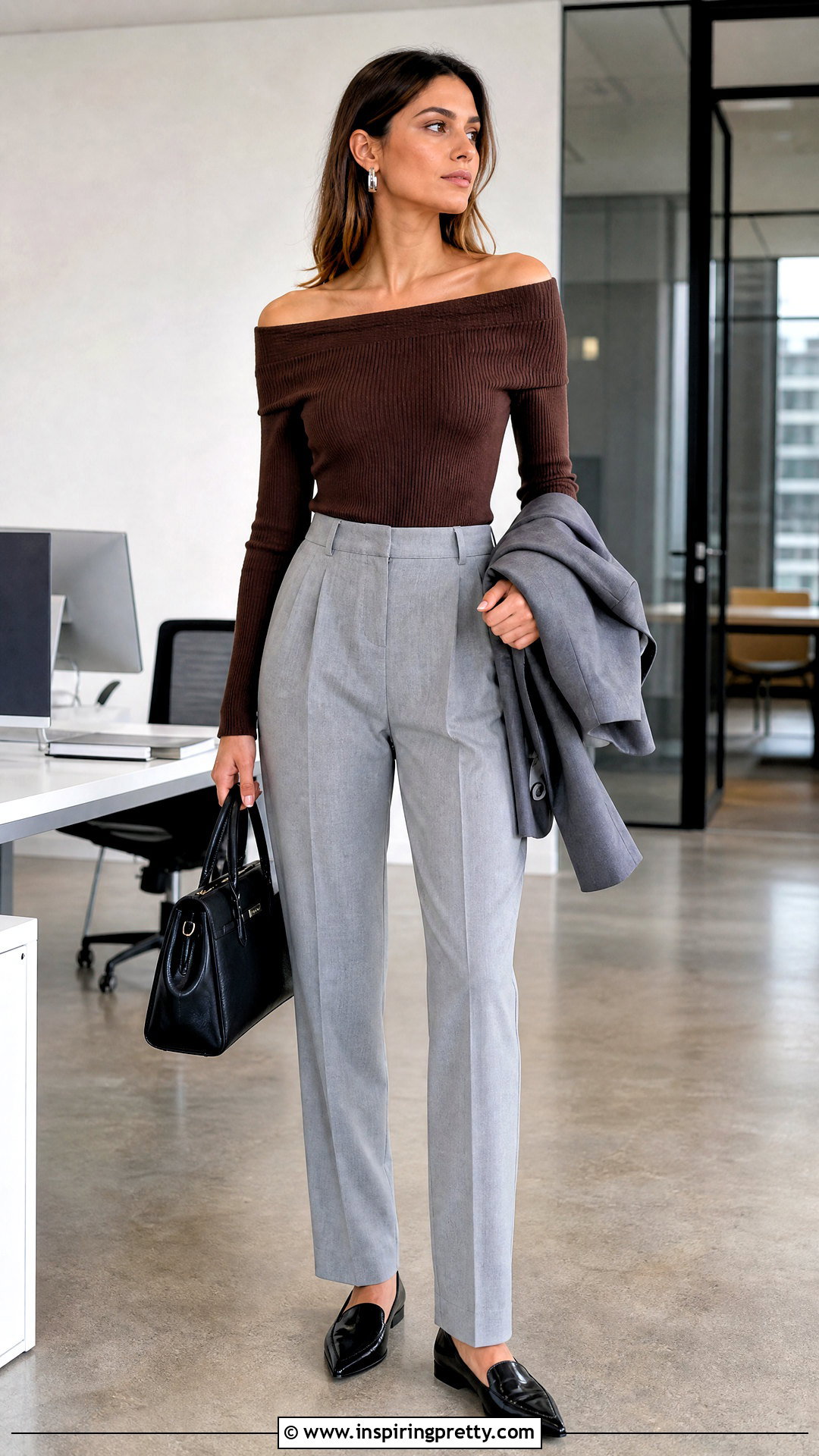 Brown Off Shoulder Top With Gray Tailored Trousers - 50 brown off shoulder top outfit ideas