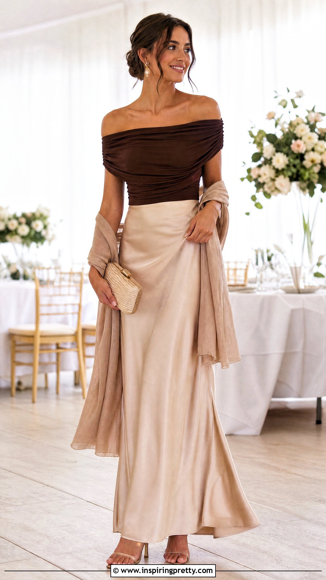 Brown Off Shoulder Top With Satin Maxi Skirt - 50 brown off shoulder top outfit ideas