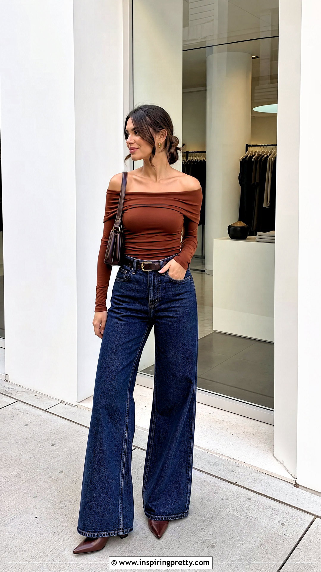 Brown Off Shoulder Top With Wide Leg Jeans And Ankle Boots - 50 brown off shoulder top outfit ideas