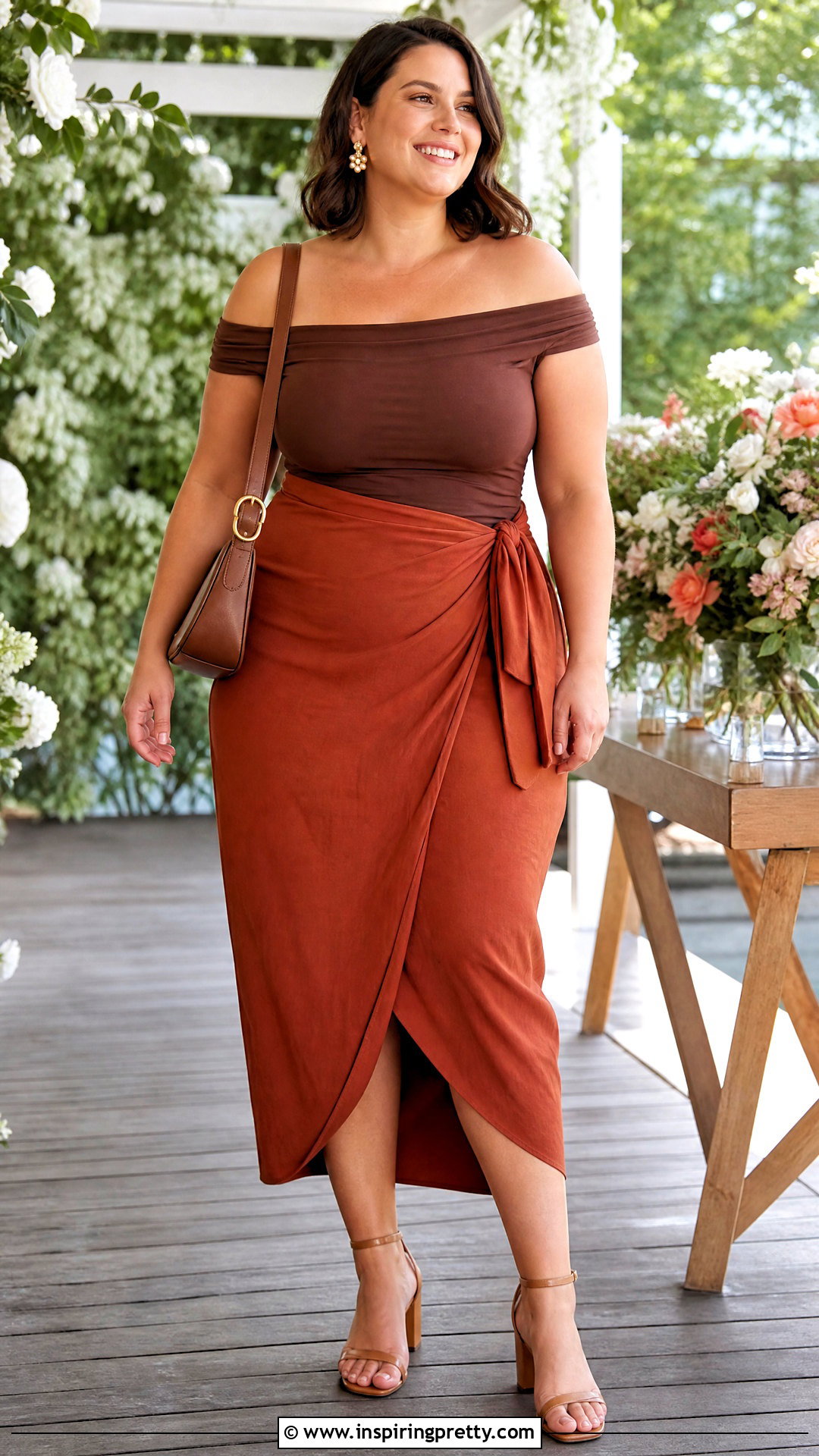 Brown Off Shoulder Top With Wrap Midi Skirt - 50 brown off shoulder top outfit ideas