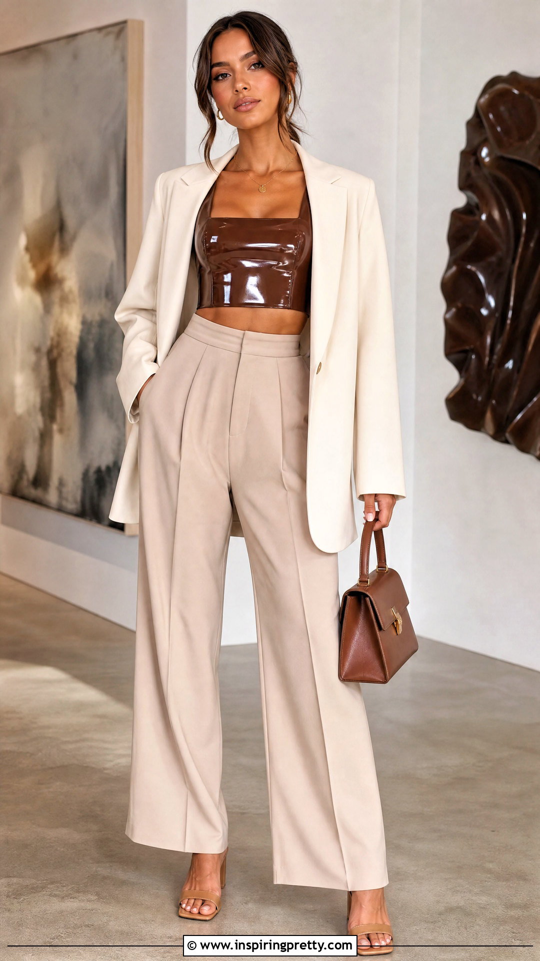 Brown PVC Crop Top With Beige Trousers - 20 pvc crop top outfit ideas