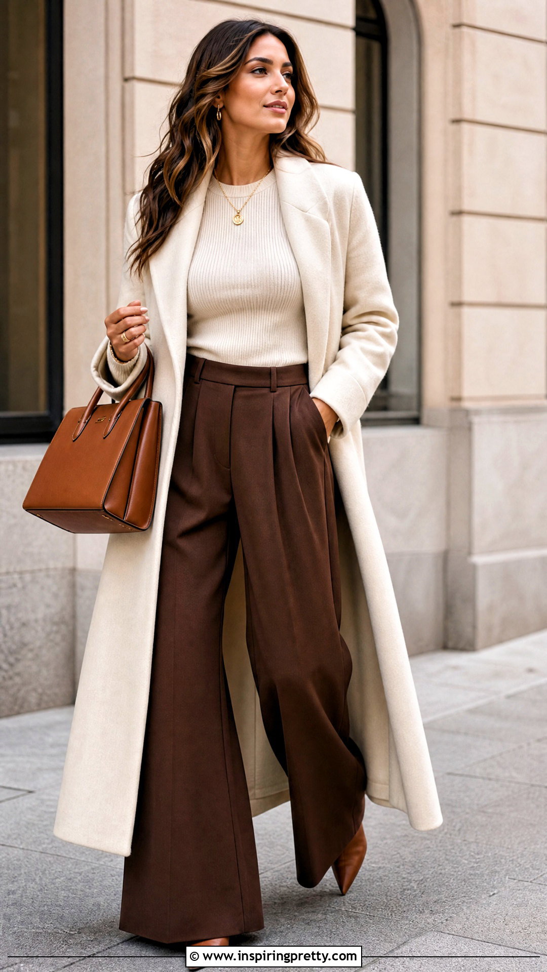 Brown Palazzo Pants With Cream Sweater - 50 palazzo pants and top outfit ideas