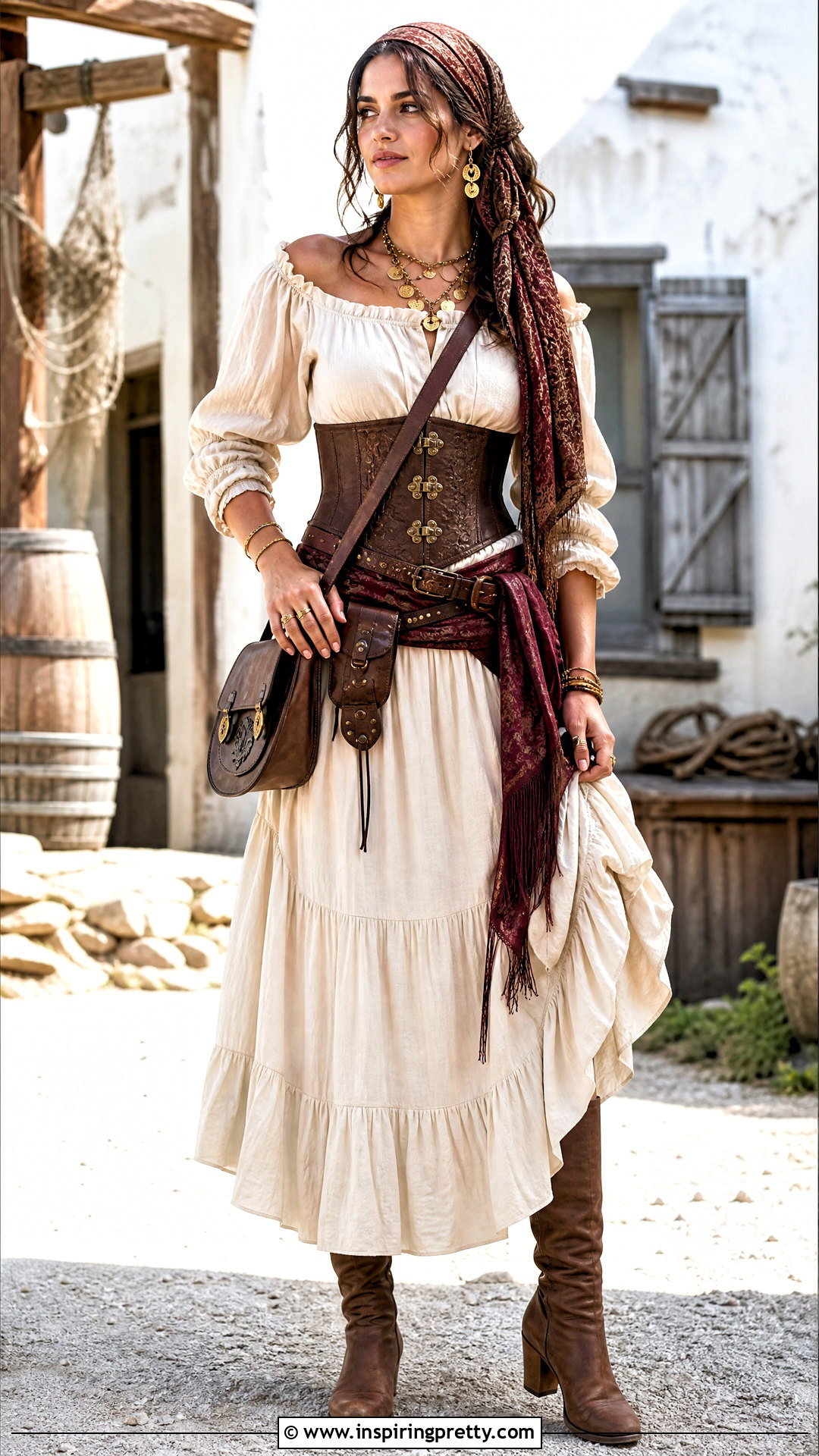 Brown Pirate Corset With Cream Maxi Skirt - 25 female pirate top outfit ideas