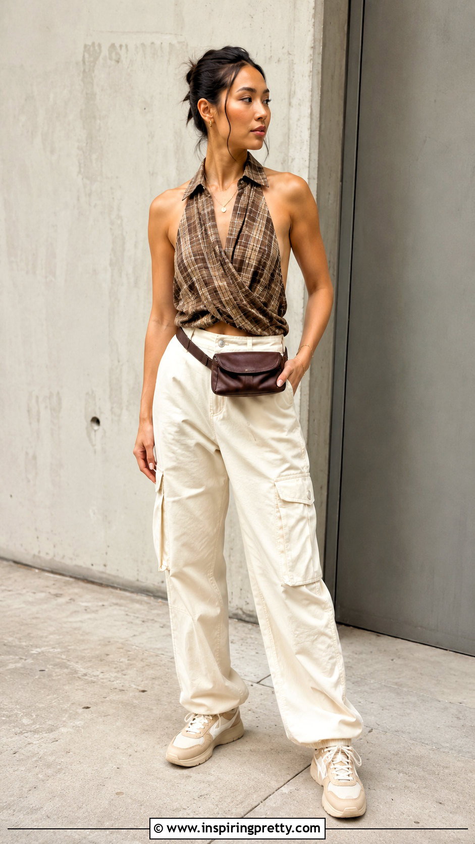 Brown Plaid Halter Top With Cream Cargo Pants - 20 Plaid Halter Top Made From Shirt ideas
