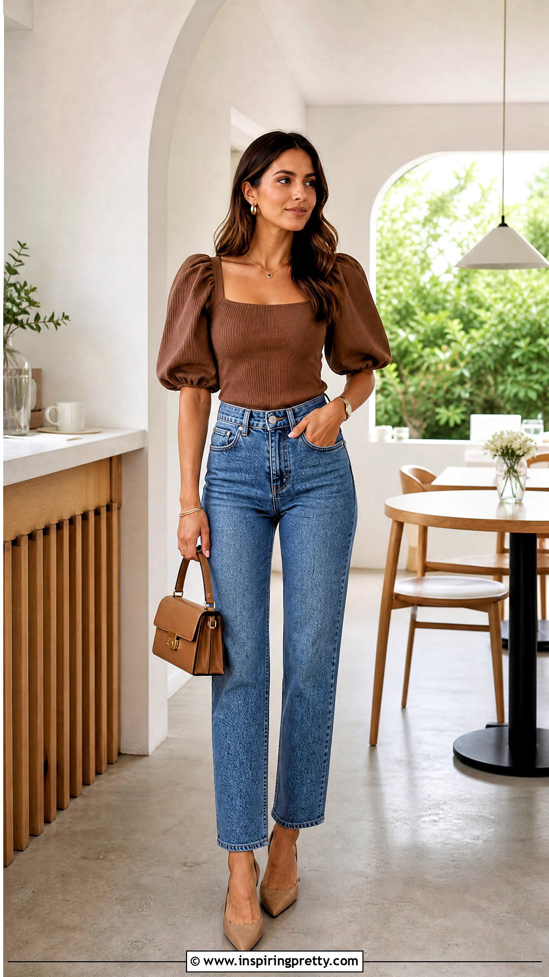 Brown Puff Sleeve Top And Straight Jeans - 50 brown top and blue jeans outfit ideas