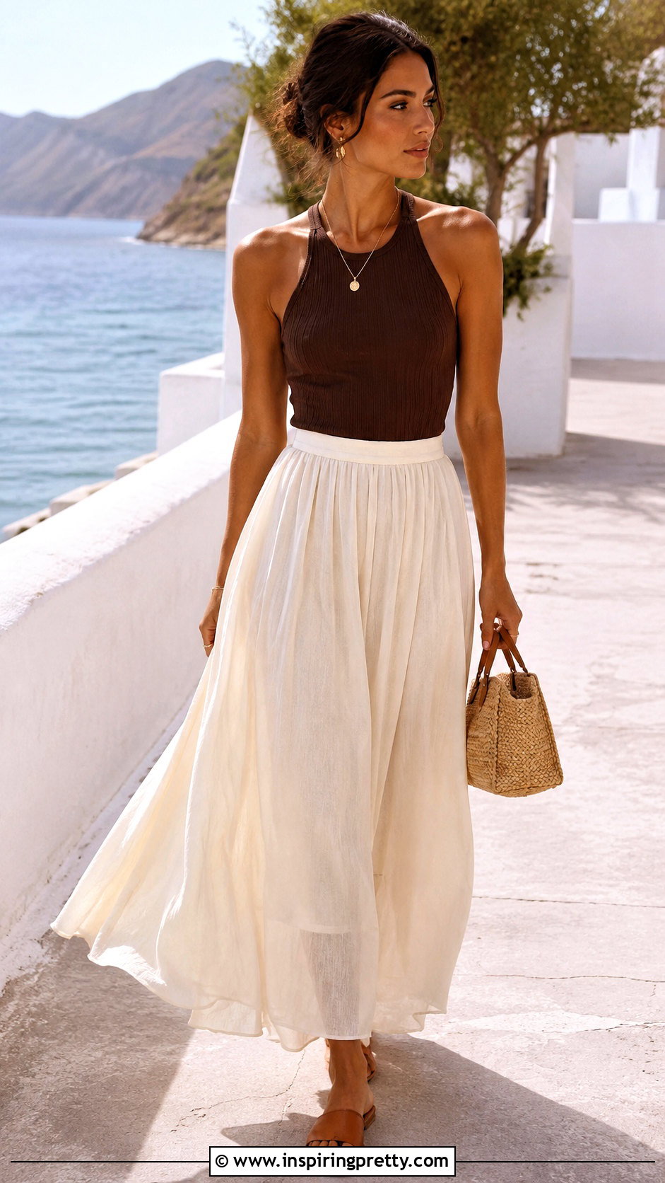Brown Rib Halter Tank Top With Cream Maxi Skirt - 20 Rib Halter Tank Top outfit ideas