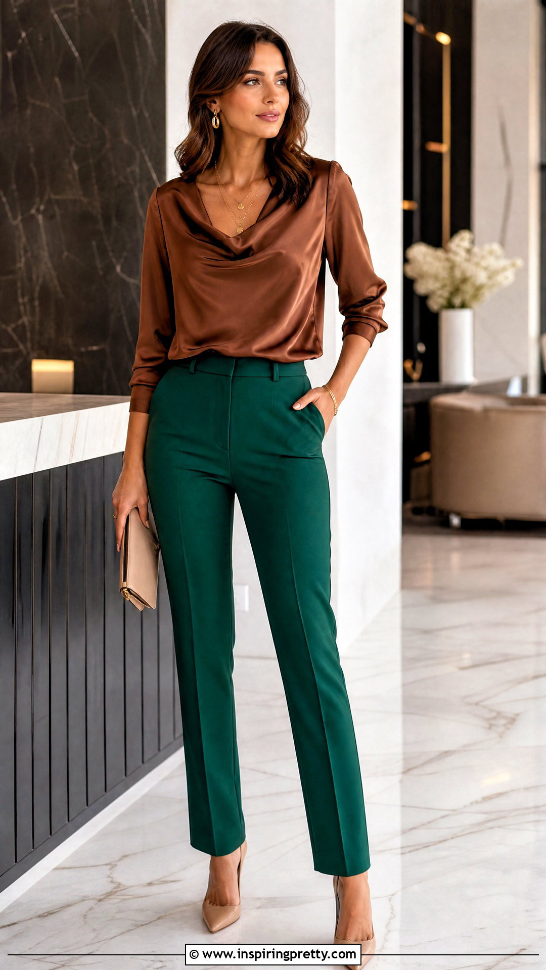 Brown Satin Blouse With Green Pants - What Top Goes With Green Pants (20 Ways)