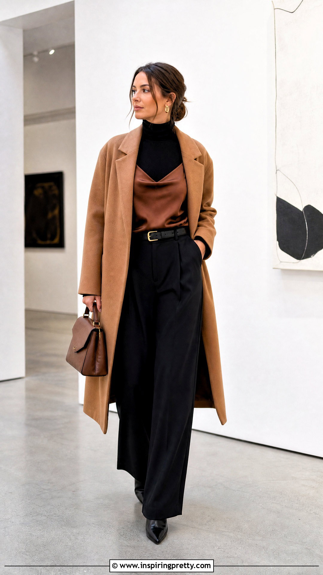 Brown Satin Camisole Over A Black Turtleneck - 50 brown satin top outfit ideas