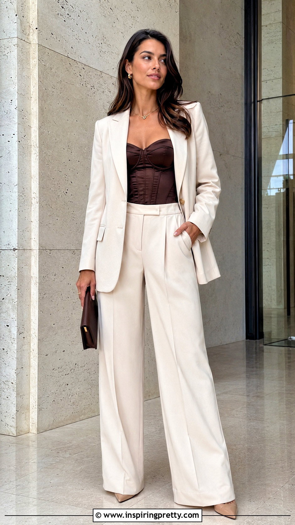 Brown Satin Corset Top With Cream Suit - 20 brown satin corset top outfit ideas