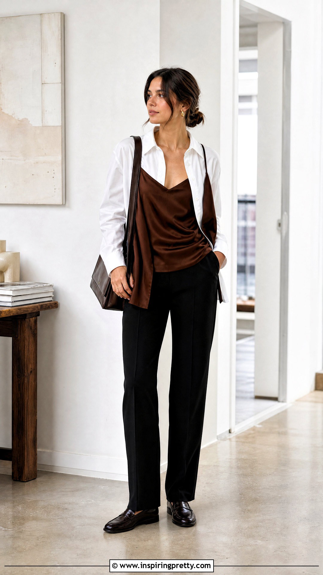 Brown Satin Top Layered Over A White Shirt - 50 brown satin top outfit ideas