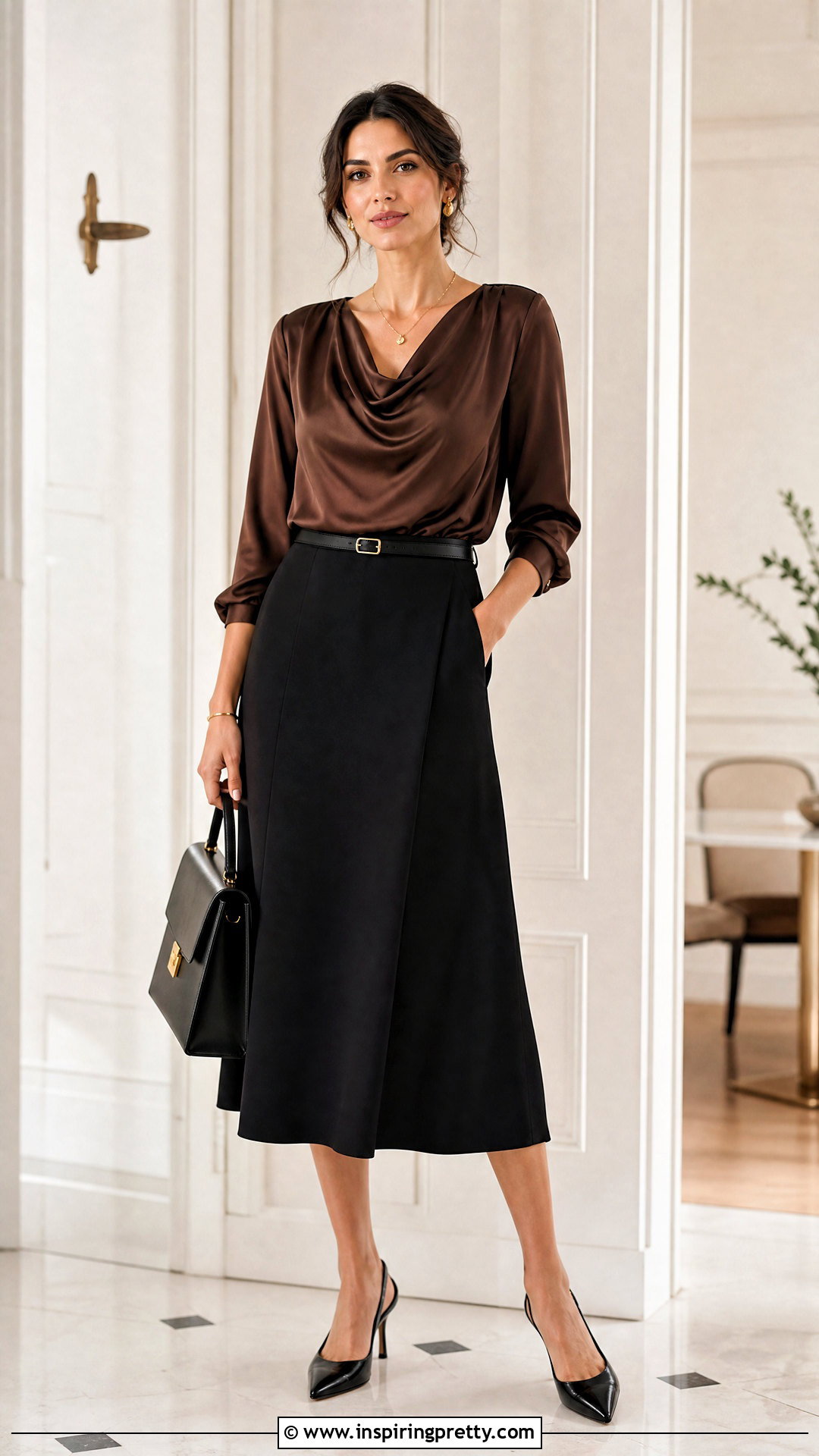 Brown Satin Top With Black Midi Skirt - 50 brown satin top outfit ideas