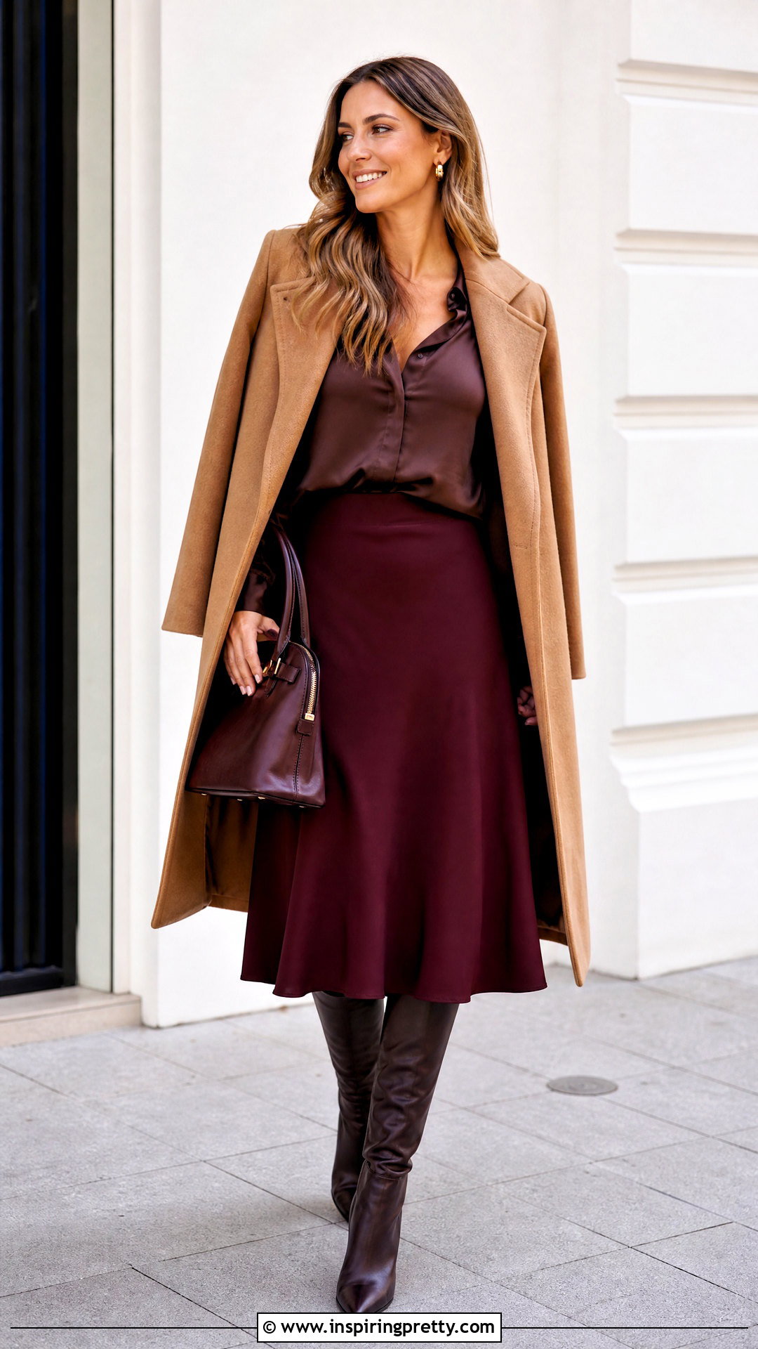 Brown Satin Top With Burgundy Midi Skirt - 50 brown satin top outfit ideas