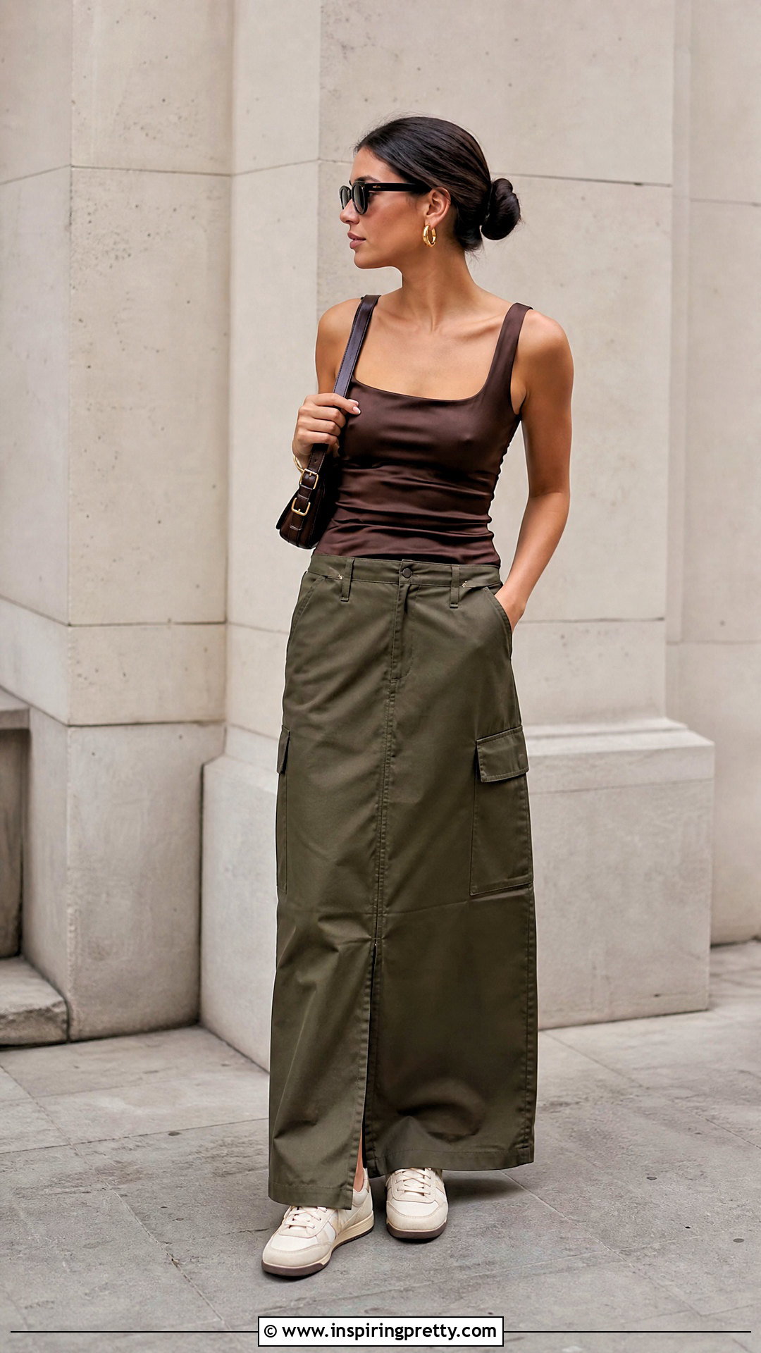 Brown Satin Top With Cargo Maxi Skirt - 50 brown satin top outfit ideas