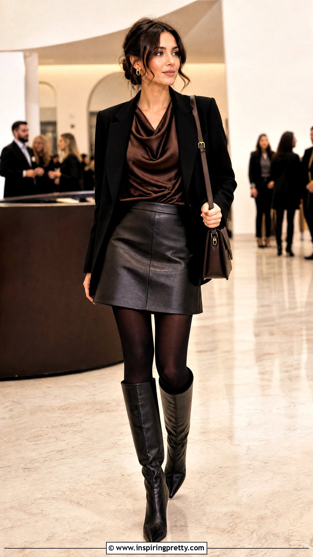 Brown Satin Top With Leather Mini Skirt - 50 brown satin top outfit ideas