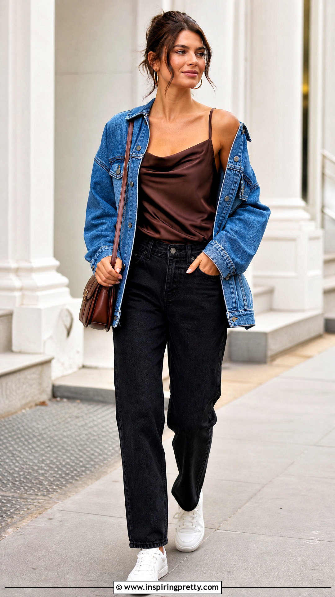 Brown Satin Top With Oversized Denim Jacket - 50 brown satin top outfit ideas