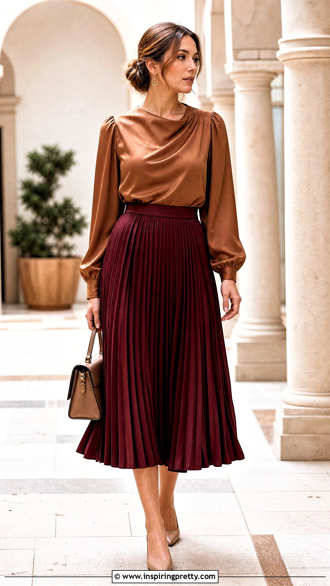 Brown Satin Top With Pleated Midi Skirt - 50 brown satin top outfit ideas