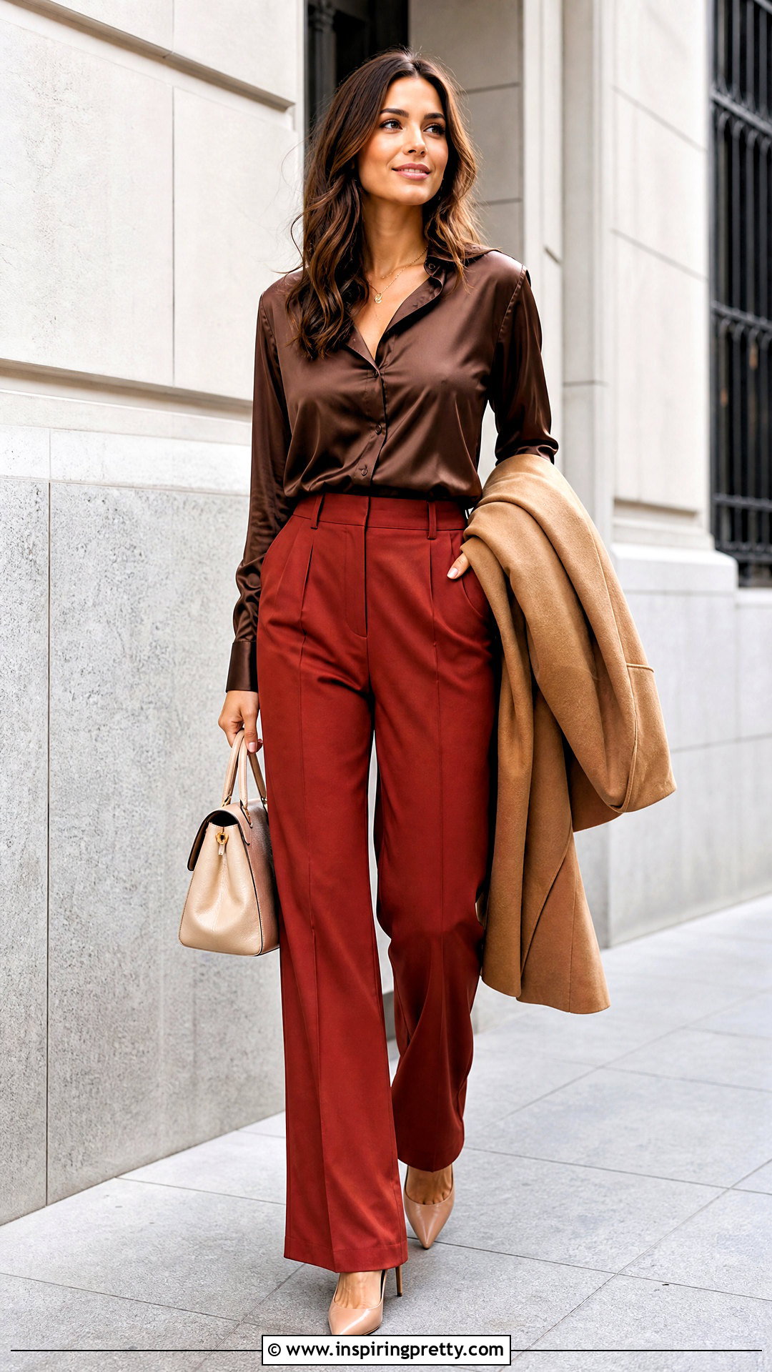 Brown Satin Top With Red Trousers - 50 brown satin top outfit ideas
