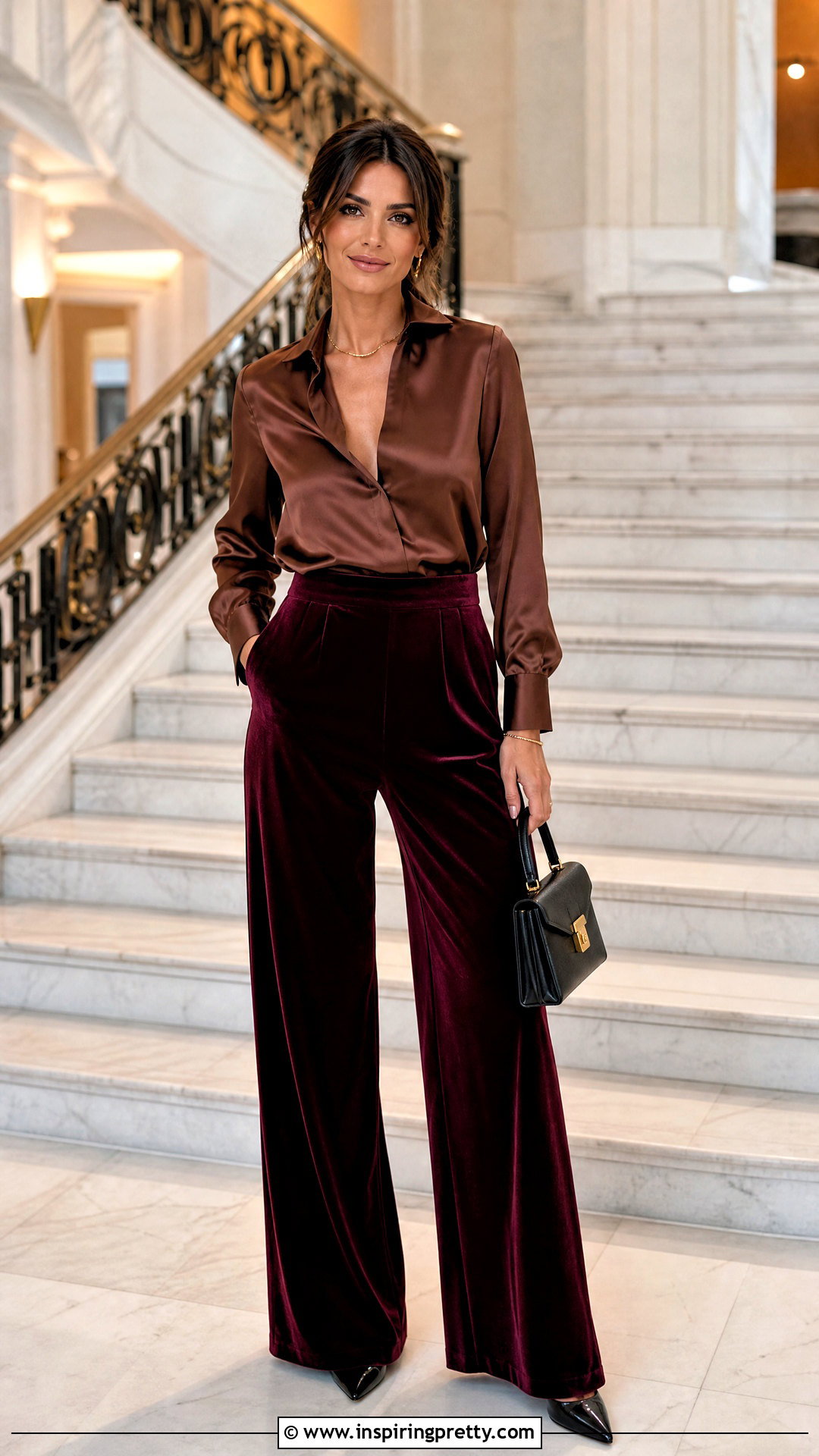 Brown Satin Top With Velvet Trousers - 50 brown satin top outfit ideas