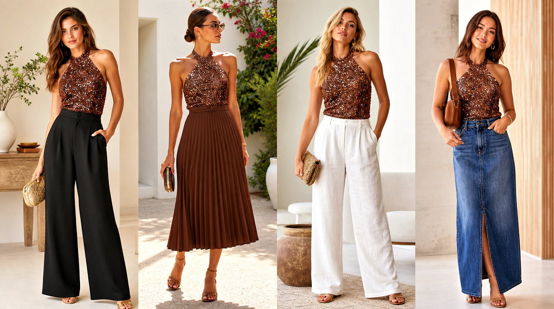 25 Brown Sequin Halter Top Outfit Ideas for Glamorous Party Style