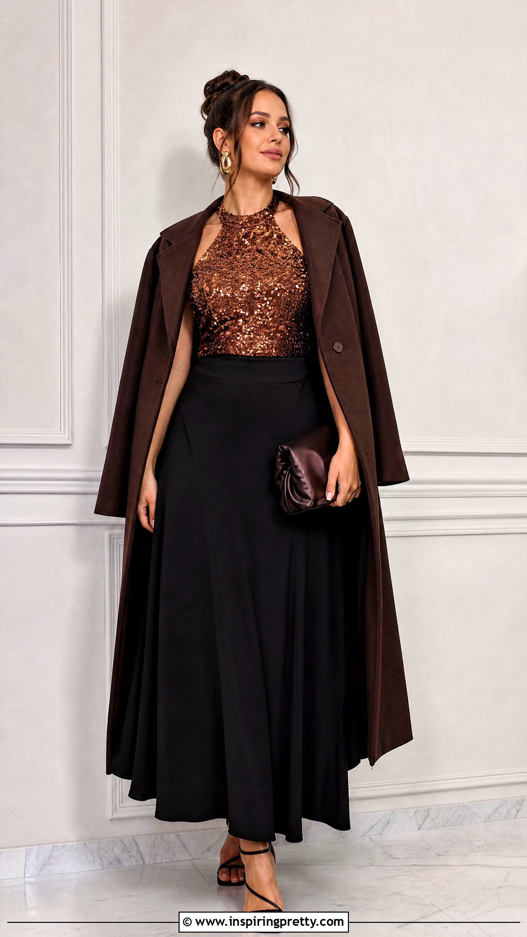 Brown Sequin Halter Top With Black Maxi Skirt - 25 Brown Sequin Halter Top outfit ideas