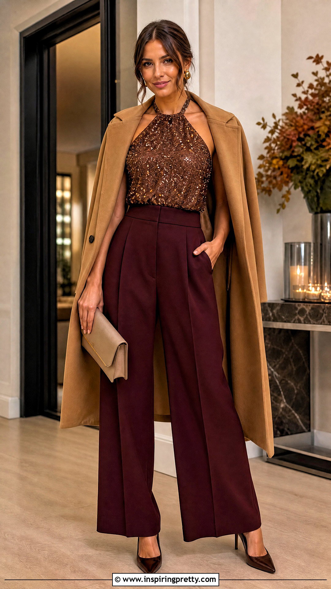 Brown Sequin Halter Top With Burgundy Pants - 25 Brown Sequin Halter Top outfit ideas