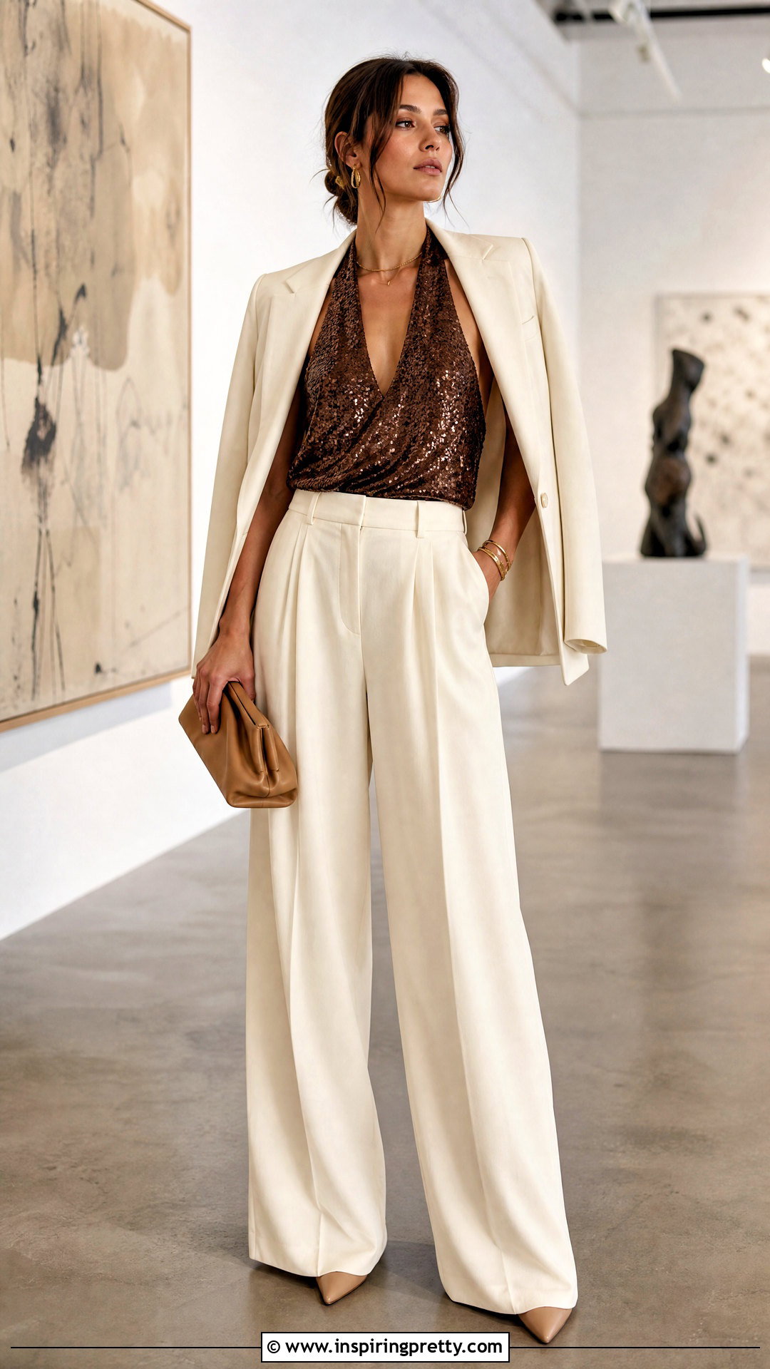 Brown Sequin Halter Top With Cream Tailored Trousers - 25 Brown Sequin Halter Top outfit ideas