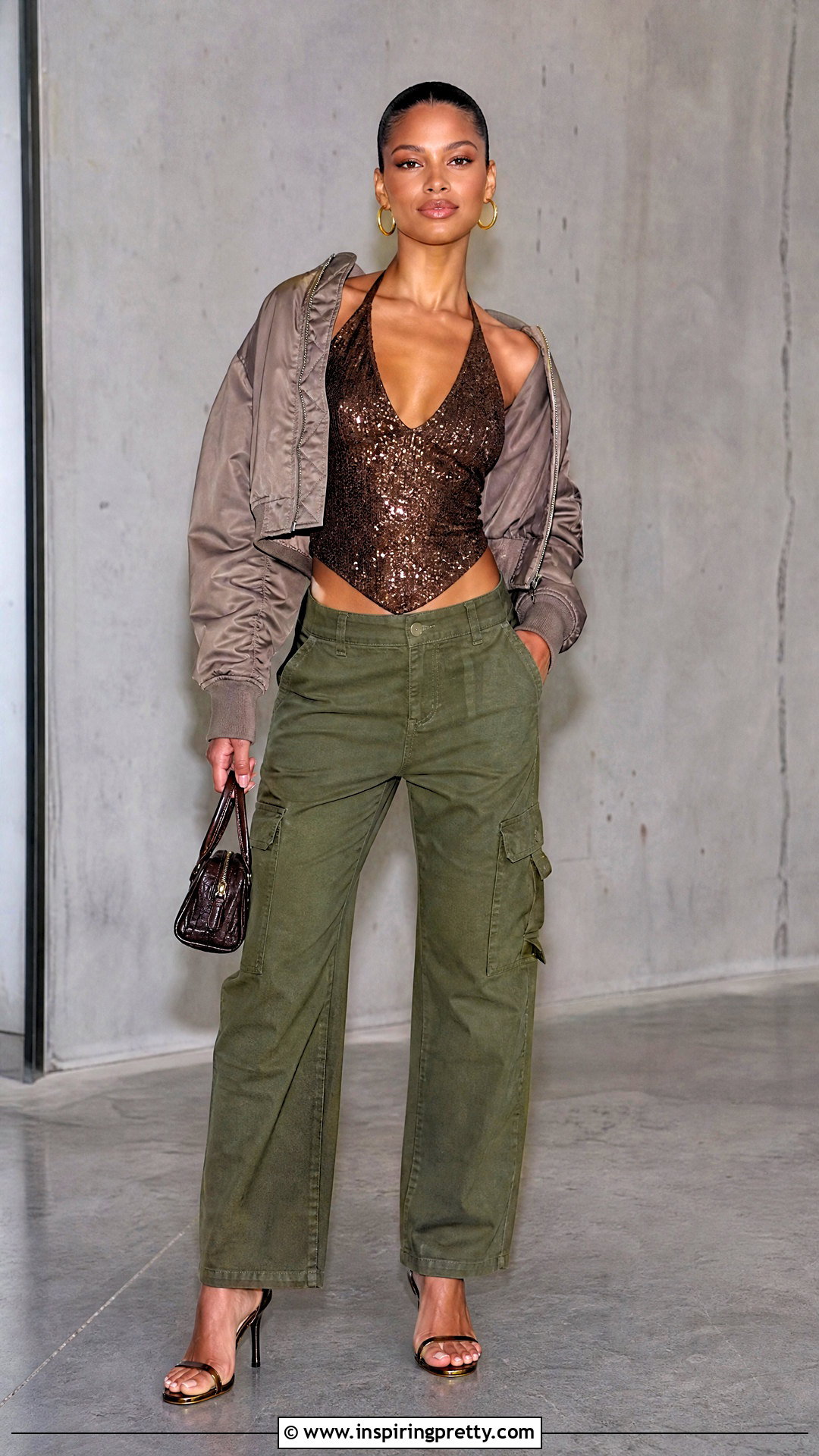 Brown Sequin Halter Top With Olive Cargo Pants - 25 Brown Sequin Halter Top outfit ideas