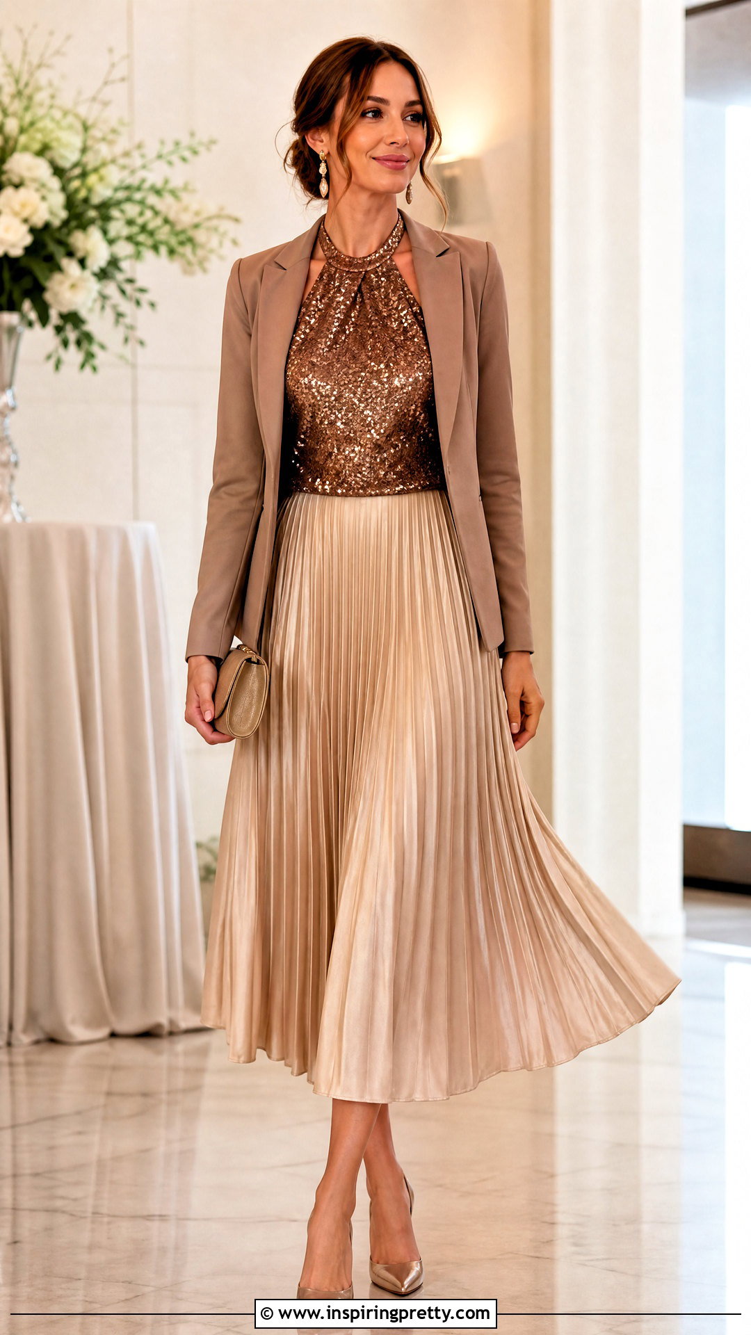 Brown Sequin Halter Top With Pleated Midi Skirt - 25 Brown Sequin Halter Top outfit ideas