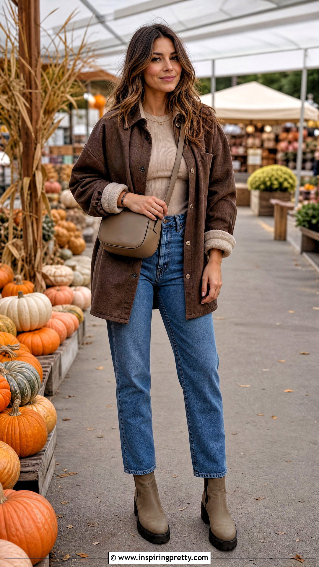 Brown Shacket And Blue Jeans - 50 brown top and blue jeans outfit ideas