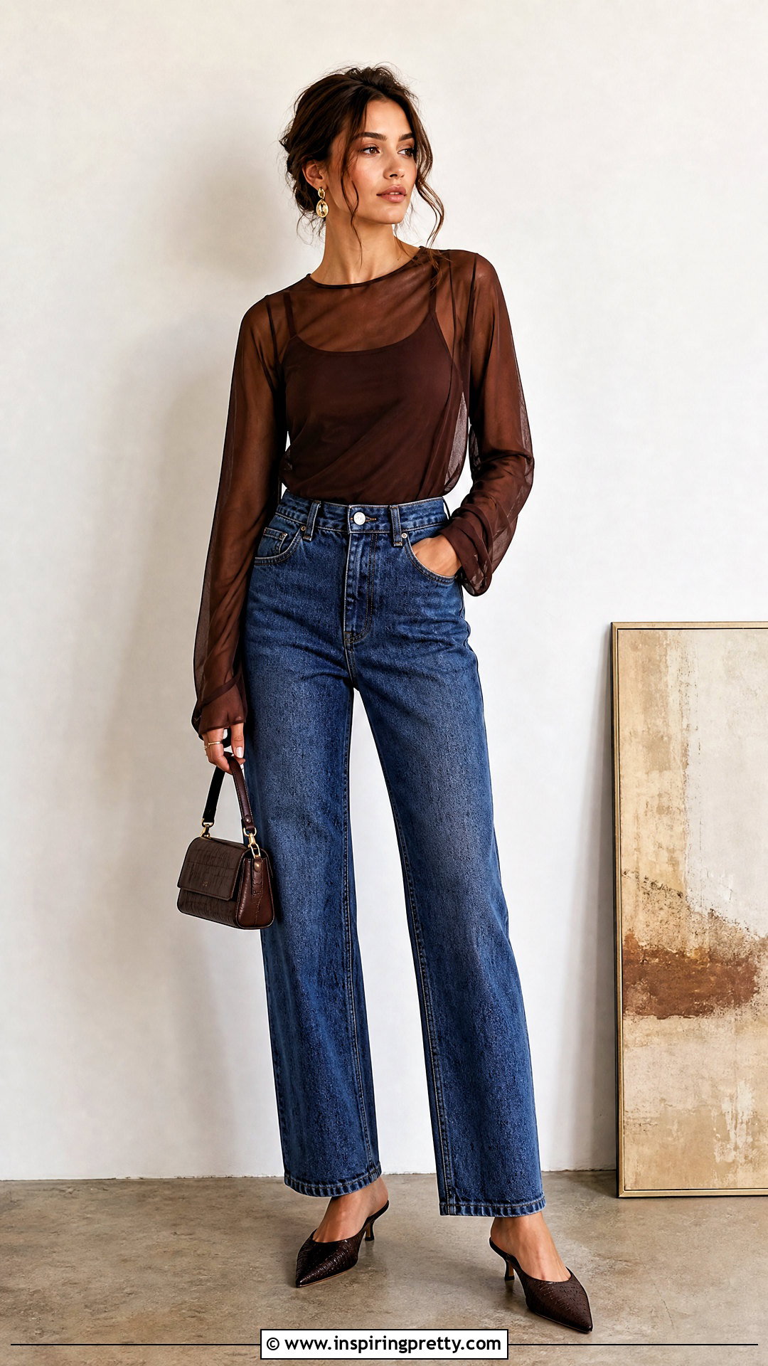 Brown Sheer Layered Top And Blue Jeans - 50 brown top and blue jeans outfit ideas