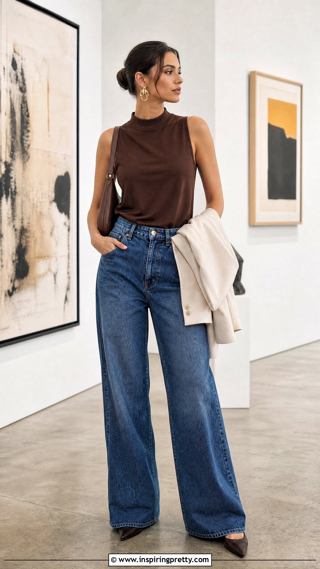 Brown Sleeveless Mock Neck Top And Jeans - 50 brown top and blue jeans outfit ideas