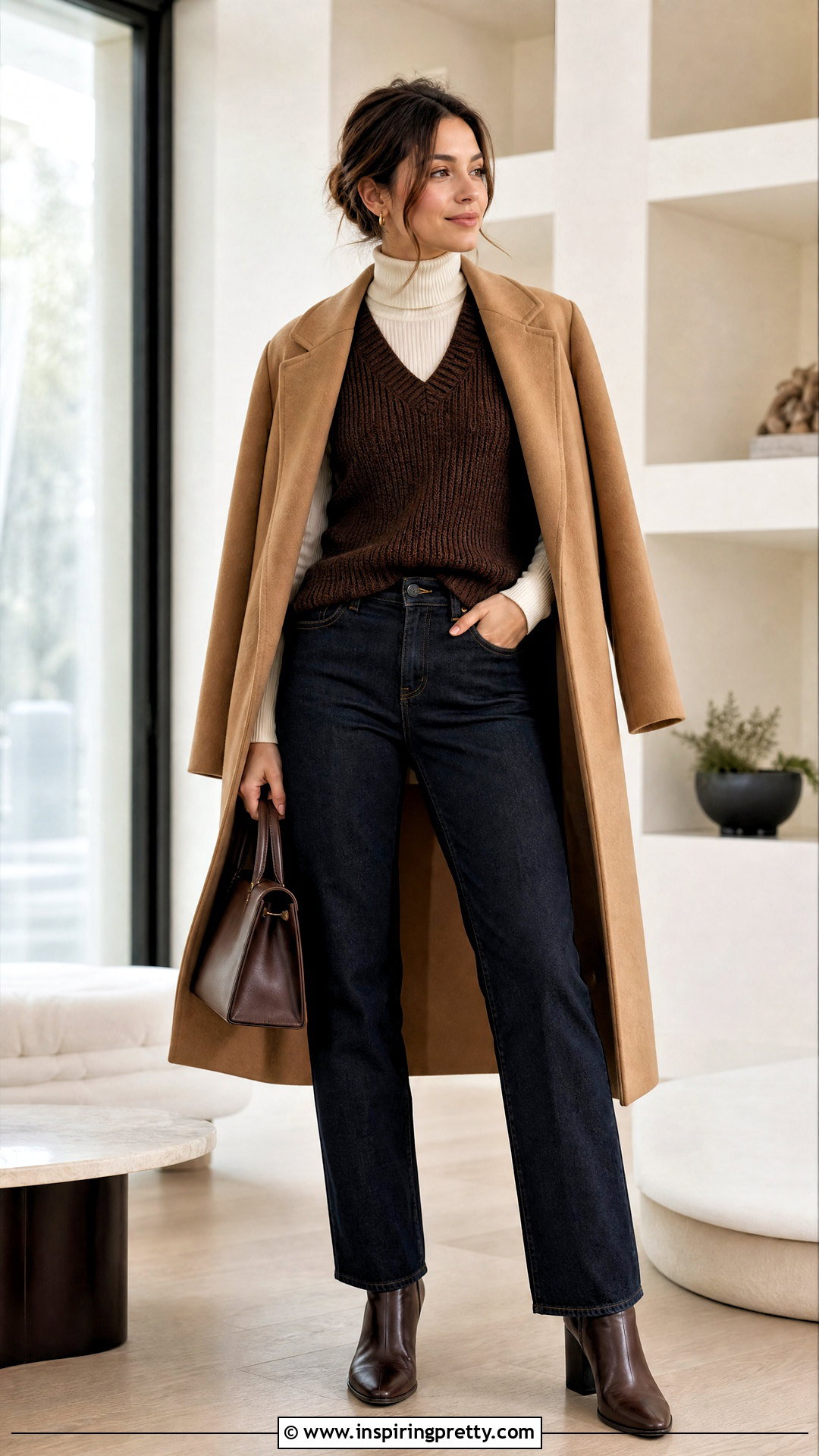 Brown Sleeveless Top Over Fitted Turtleneck - 50 brown sleeveless top outfit ideas