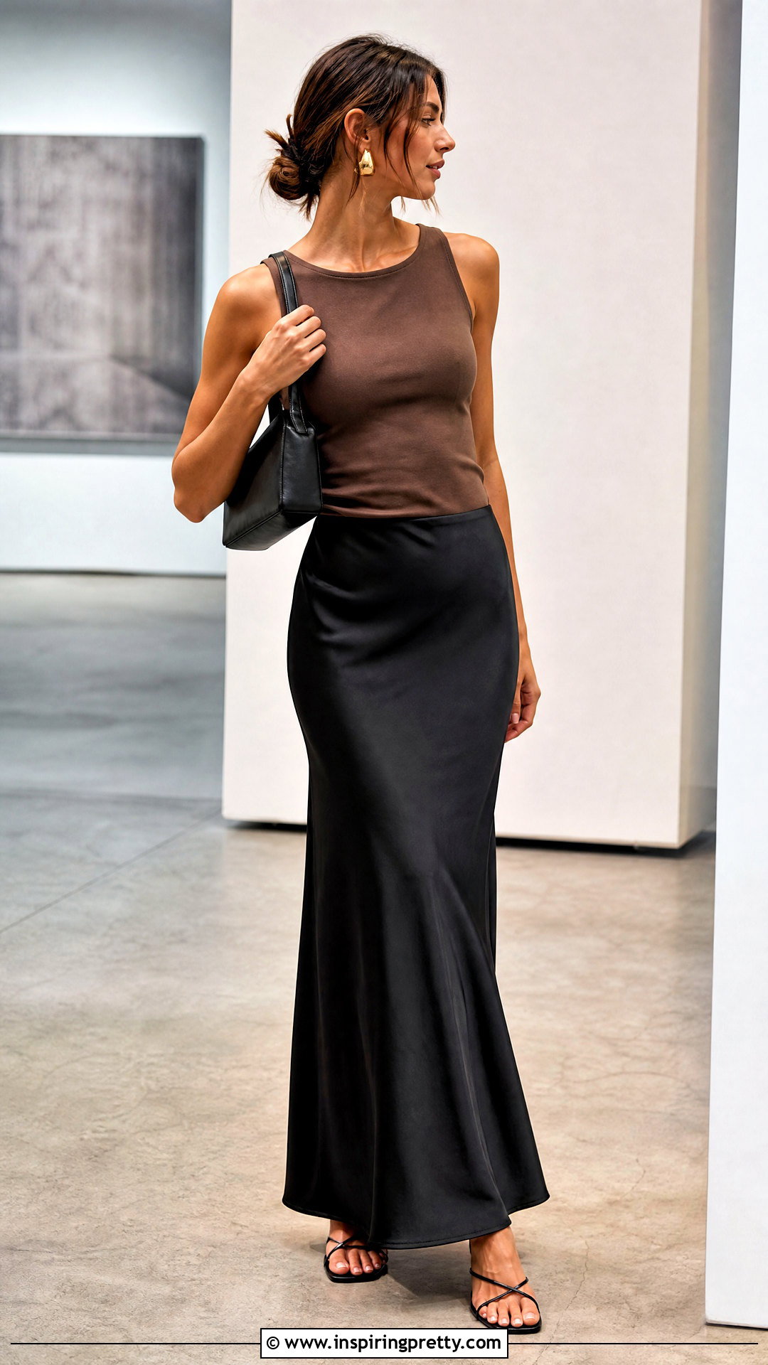 Brown Sleeveless Top With Black Slip Skirt - 50 brown sleeveless top outfit ideas