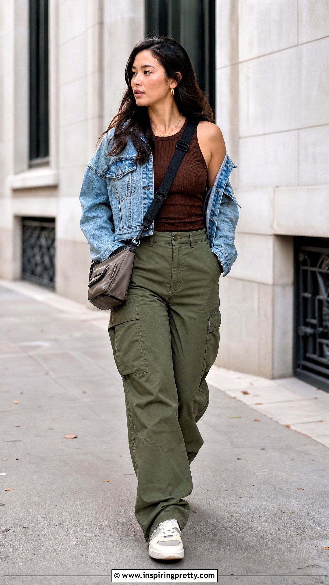 Brown Sleeveless Top With Denim Jacket And Cargo Pants - 50 brown sleeveless top outfit ideas