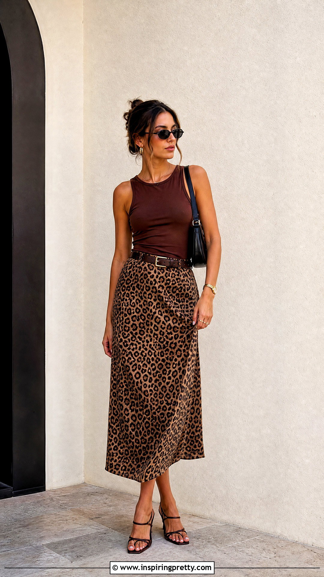 Brown Sleeveless Top With Leopard Midi Skirt - 50 brown sleeveless top outfit ideas