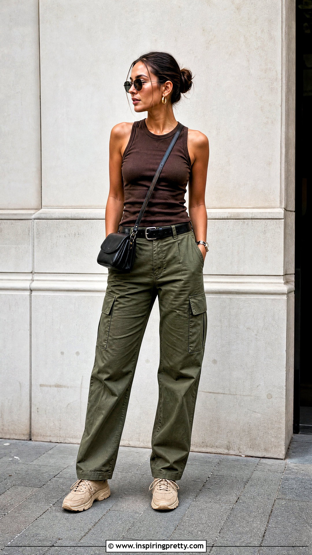 Brown Sleeveless Top With Olive Cargo Pants - 50 brown sleeveless top outfit ideas