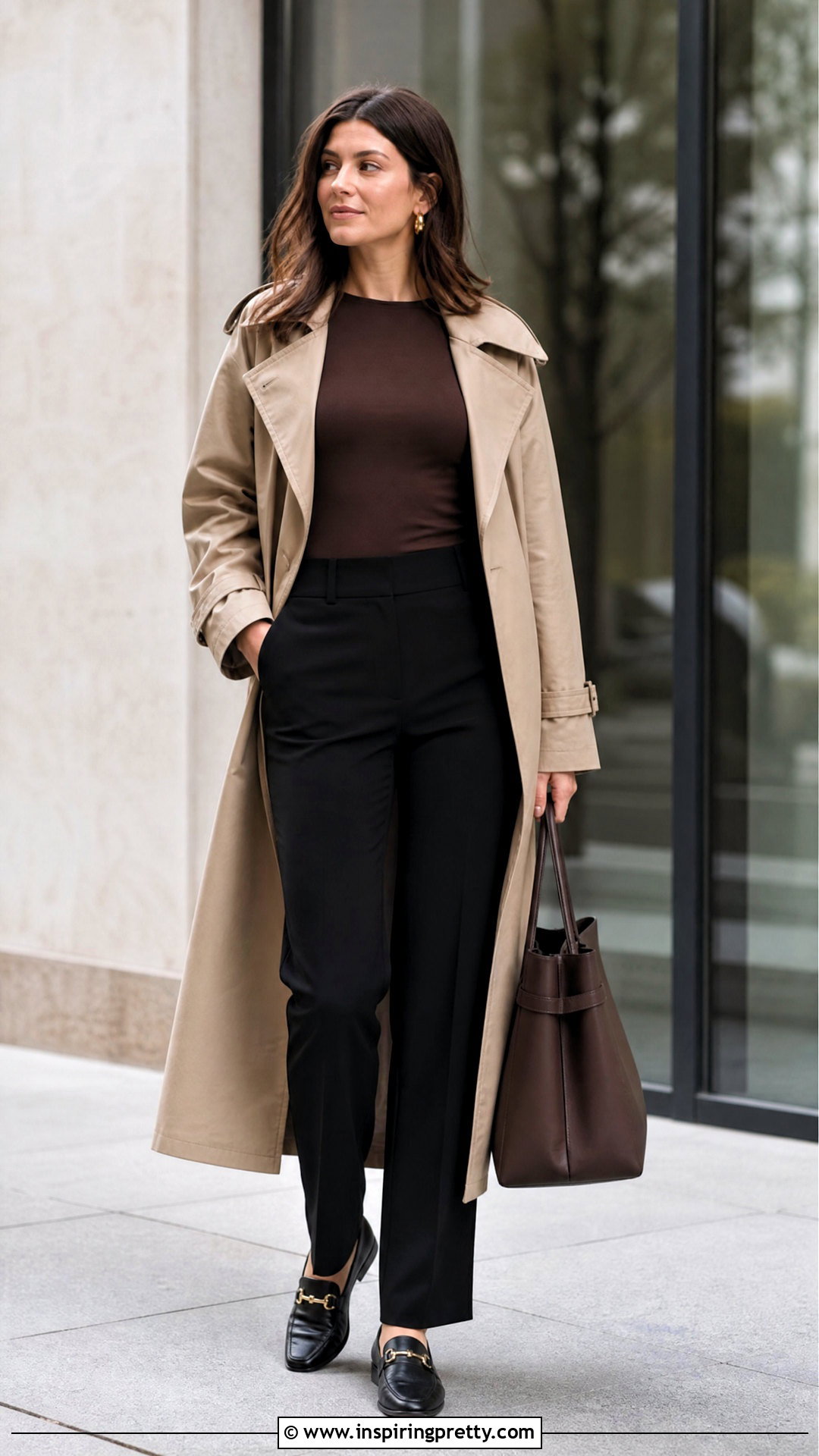 Brown Sleeveless Top With Trench Coat And Trousers - 50 brown sleeveless top outfit ideas