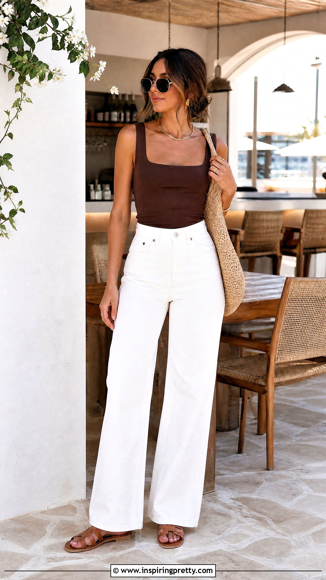 Brown Sleeveless Top With White Wide Leg Jeans - 50 brown sleeveless top outfit ideas