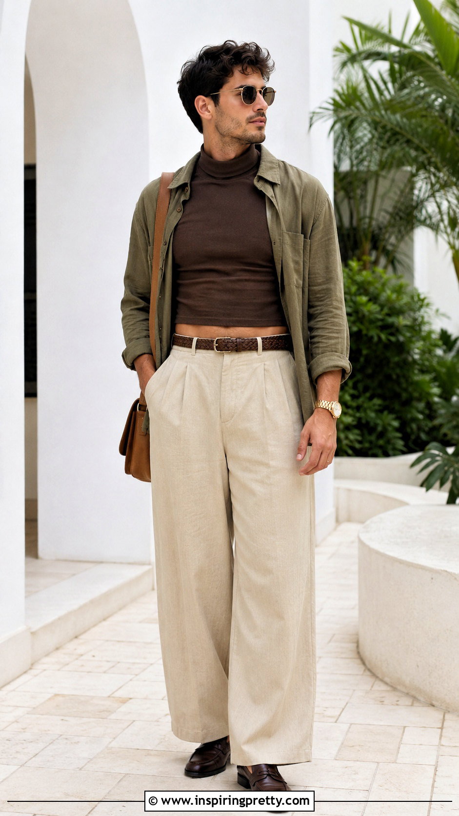 Brown Sleeveless Turtleneck Crop Top With Beige Trousers - 20 sleeveless turtleneck crop top men outfit ideas