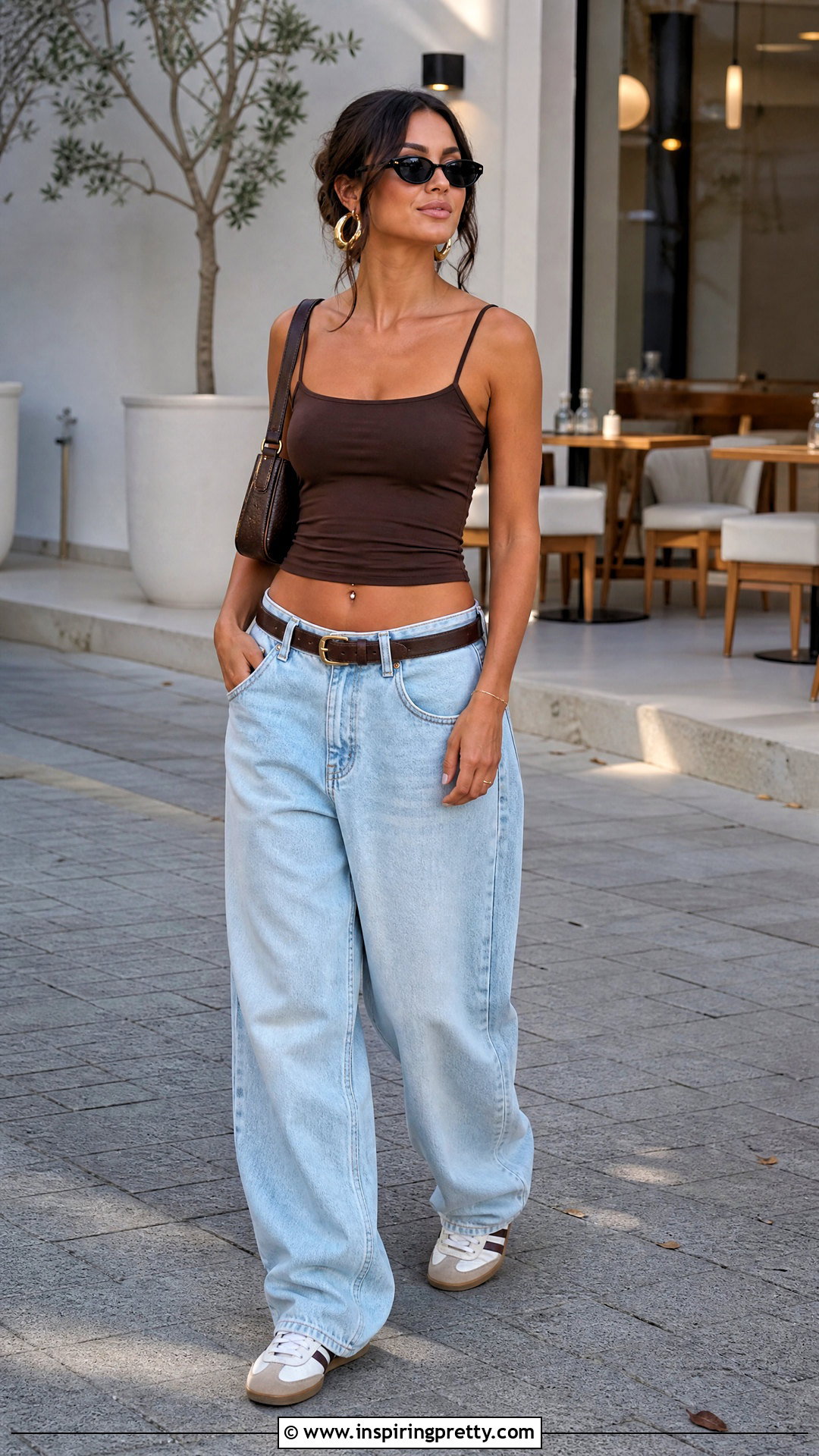 Brown Strappy Tank Top With Light Wash Baggy Jeans - 20 Brown Strappy Tank Top outfit ideas