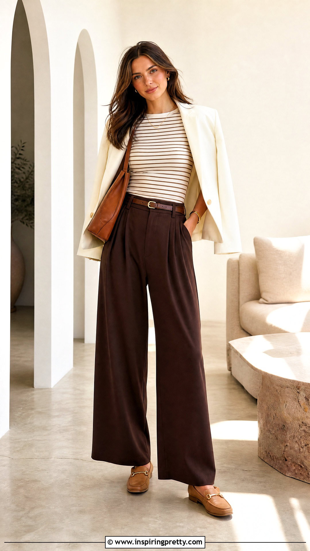 Brown Striped Top With Chocolate Trousers - 50 stripes top outfit ideas